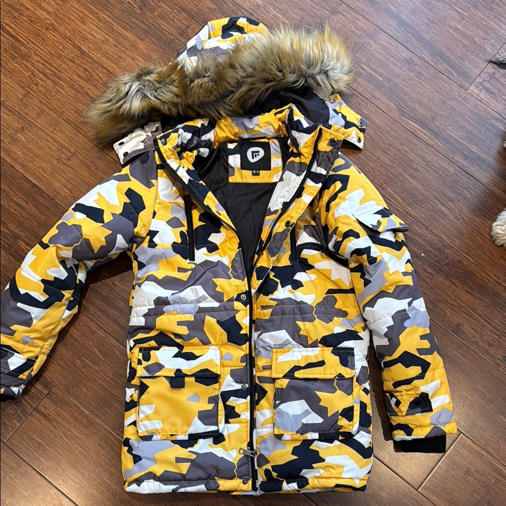 Yellow Camo Winter Jacket with Fur Hood